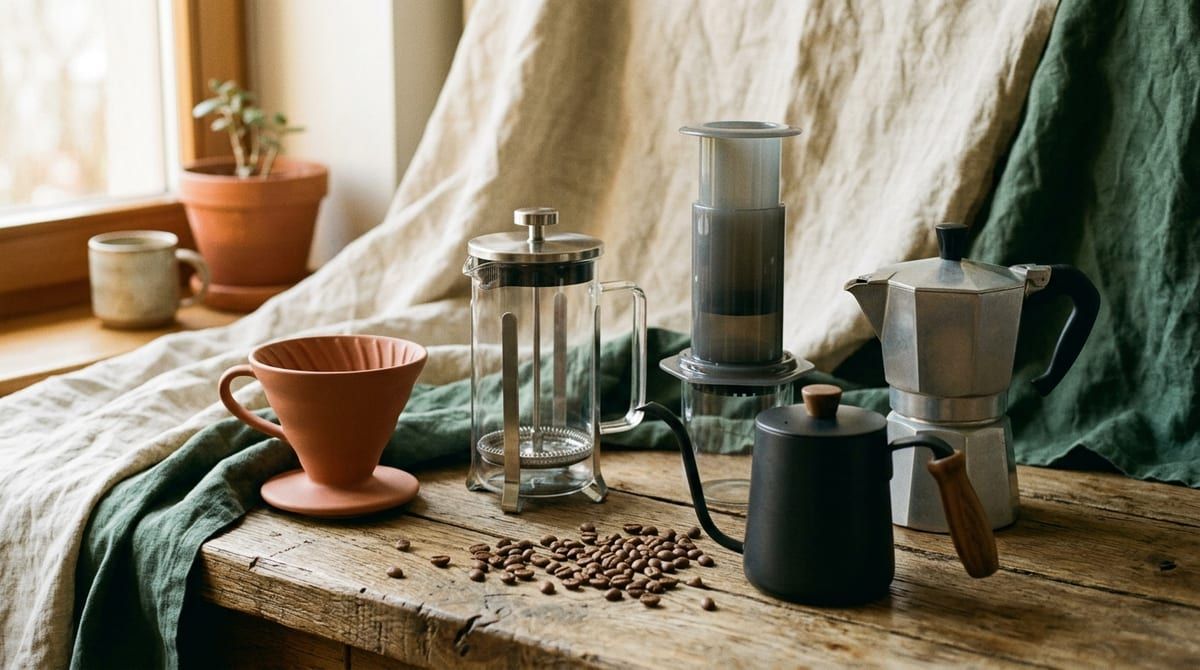 Akcesoria do parzenia kawy na drewnianym blacie: terakotowy dripper, french press, AeroPress i kawiarka moka, obok czajnik z gęsią szyją