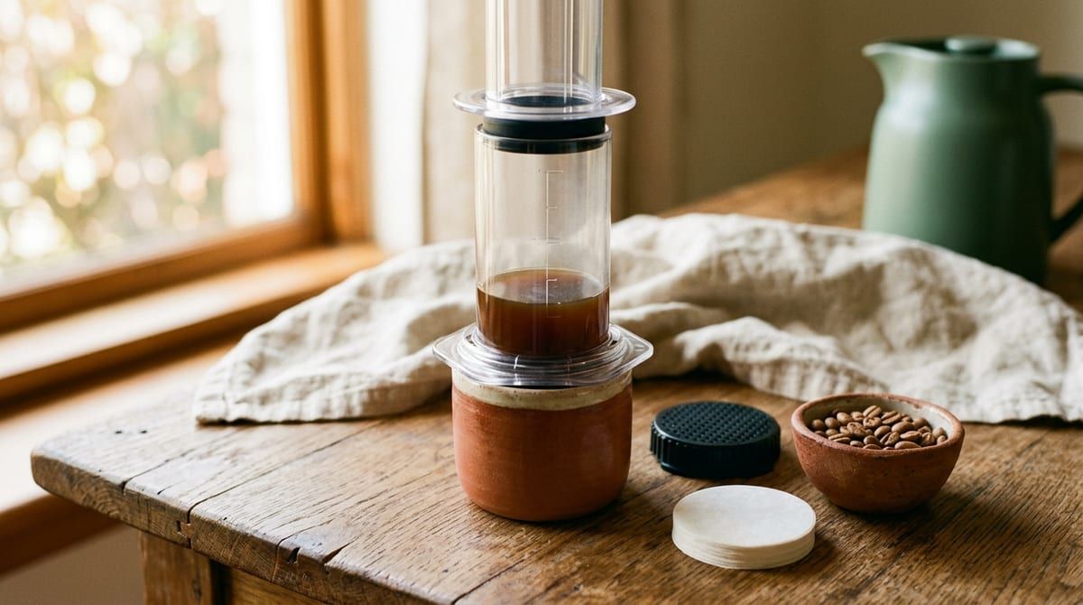 AeroPress ustawiony na zielonym ceramicznym kubku, obok tłok, papierowe filtry i rozsypane ziarna kawy