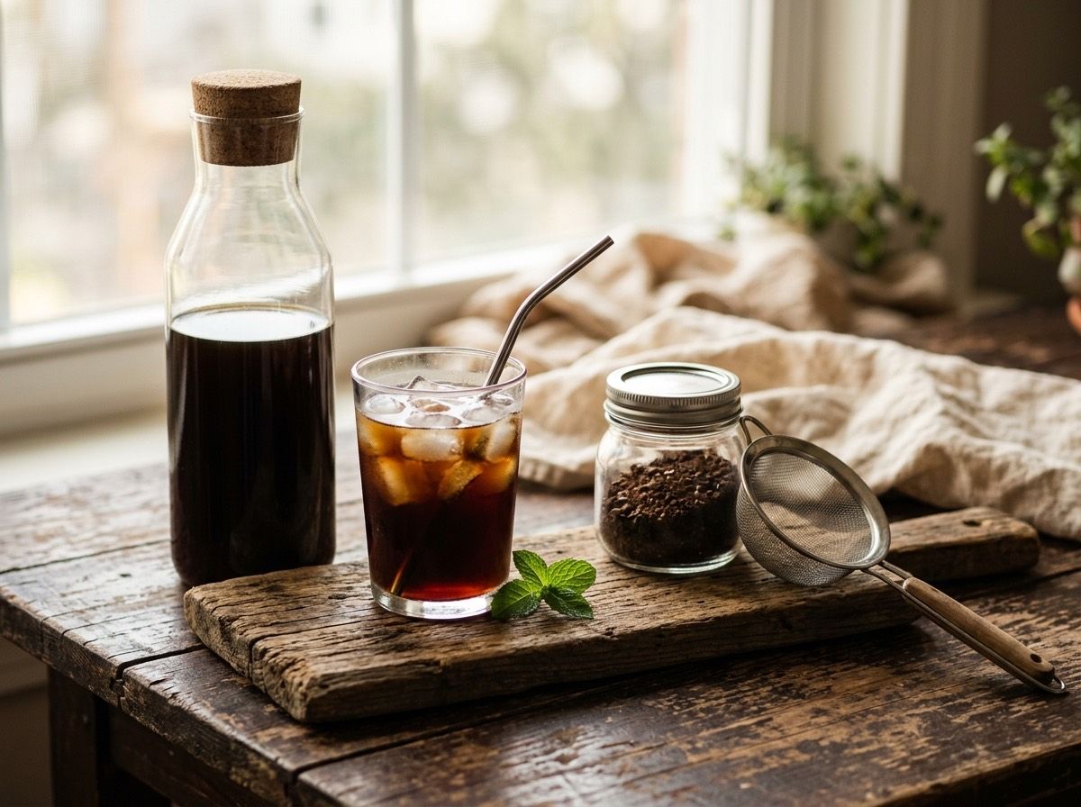 Butelka i szklanka cold brew z kostkami lodu na drewnianej desce, obok słoik grubo zmielonej kawy