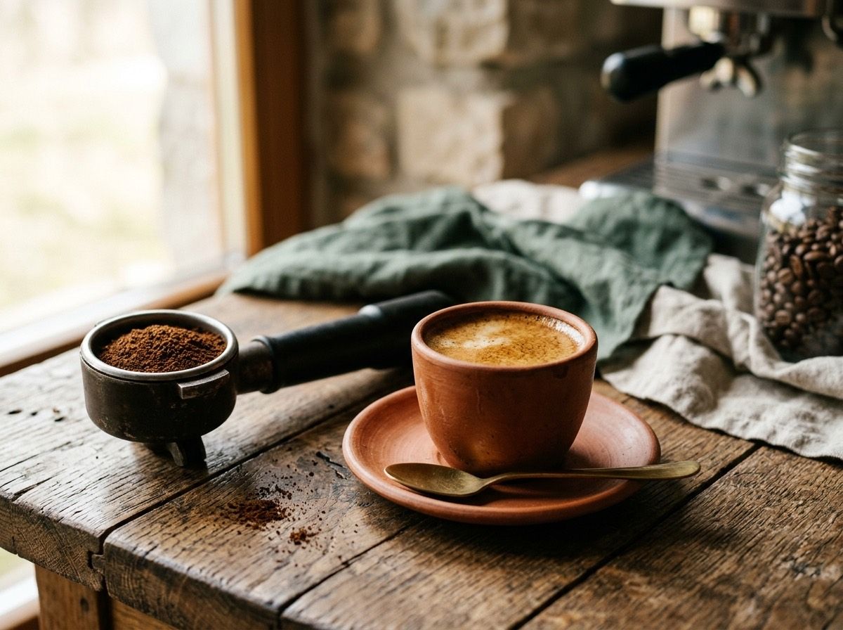 Espresso z gęstą cremą w terakotowej filiżance na spodku, obok kolba ekspresu z wypełnionym koszykiem zmielonej kawy