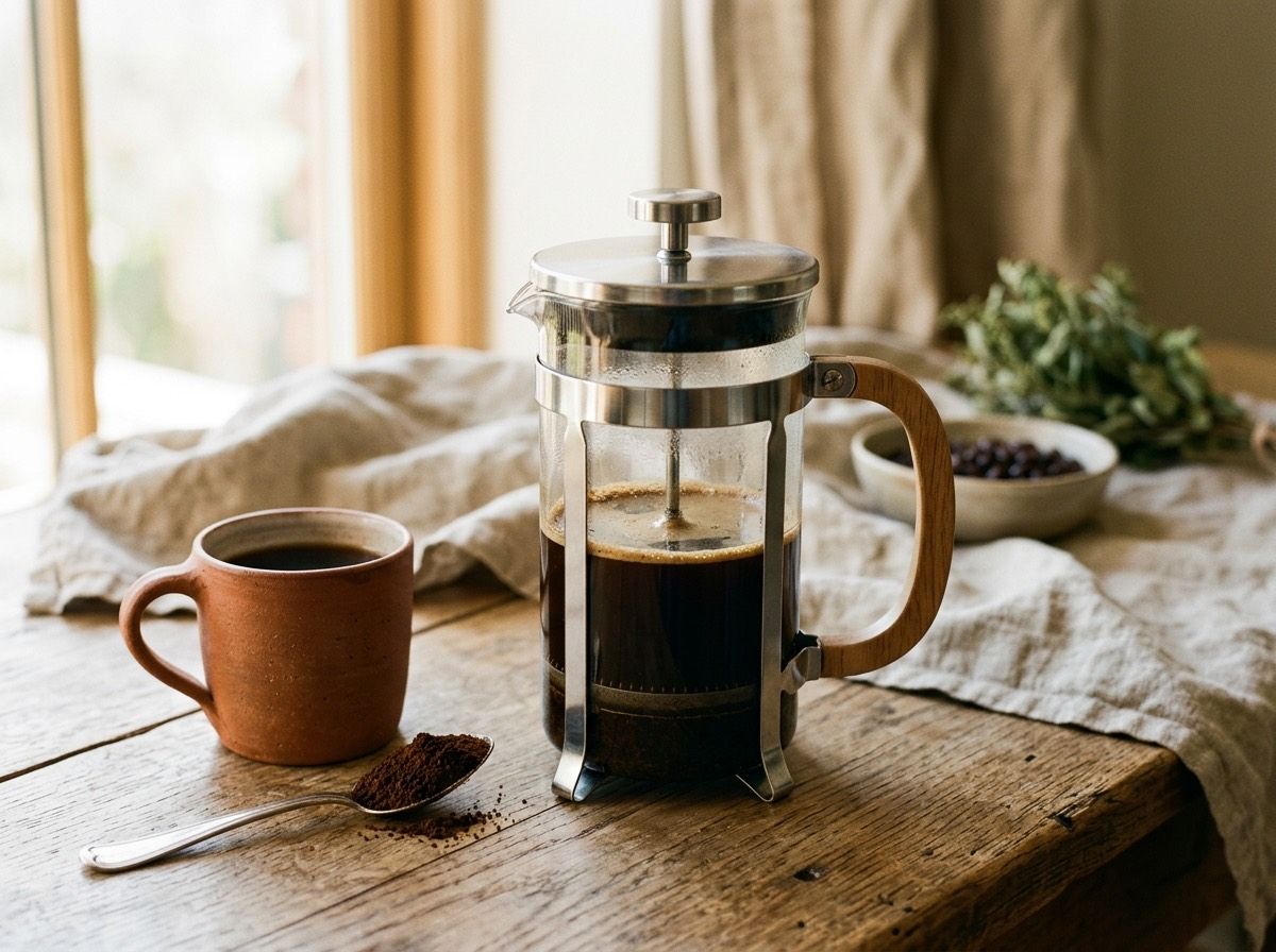 Szklany french press z zaparzoną kawą i opuszczonym do połowy tłokiem, obok terakotowy kubek i łyżka zmielonej kawy