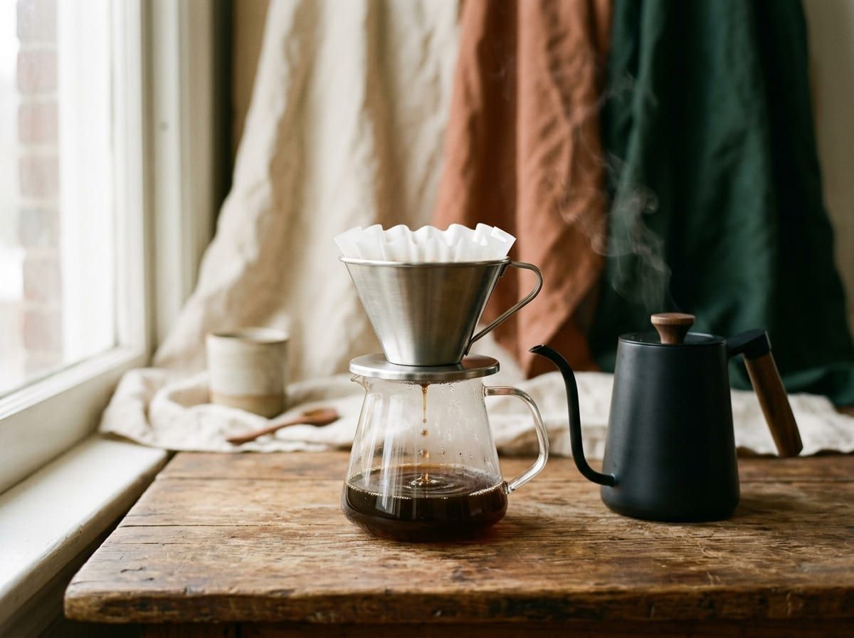 Stalowy dripper Kalita Wave z falowanym filtrem na szklanym serwerze z kawą, obok czajnik z gęsią szyją