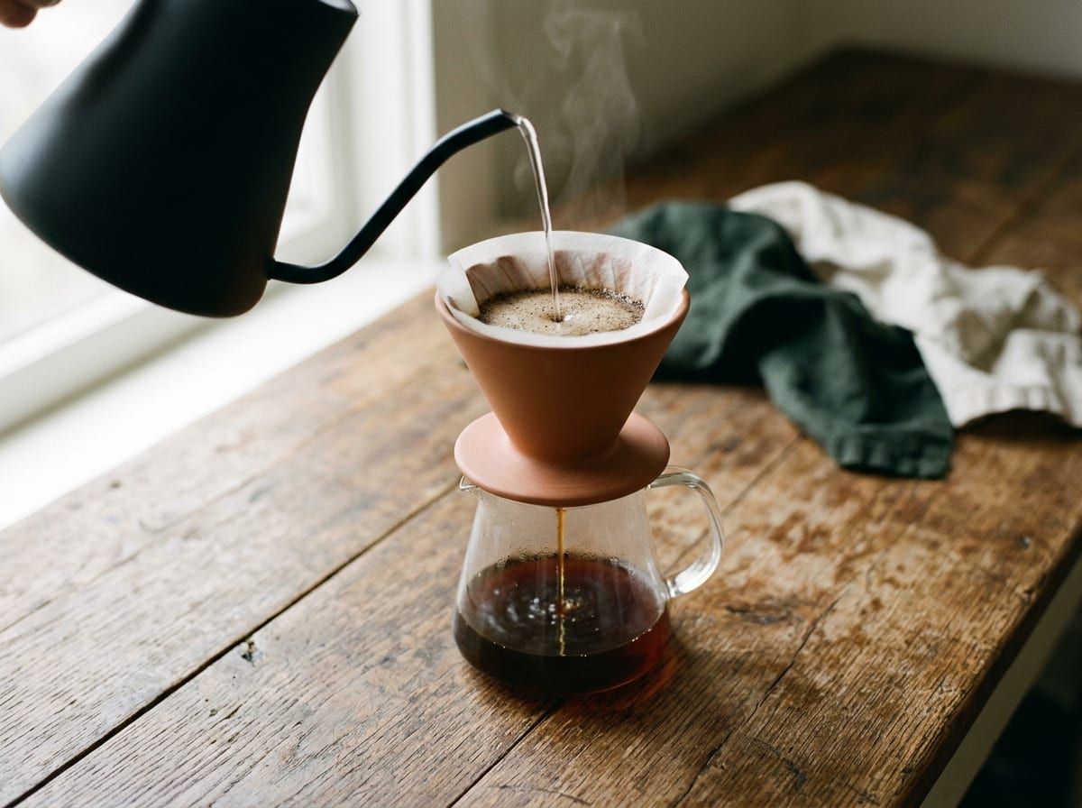 Terakotowy dripper V60 z papierowym filtrem w trakcie przelewu, ustawiony na szklanym serwerze, obok czajnik z gęsią szyją