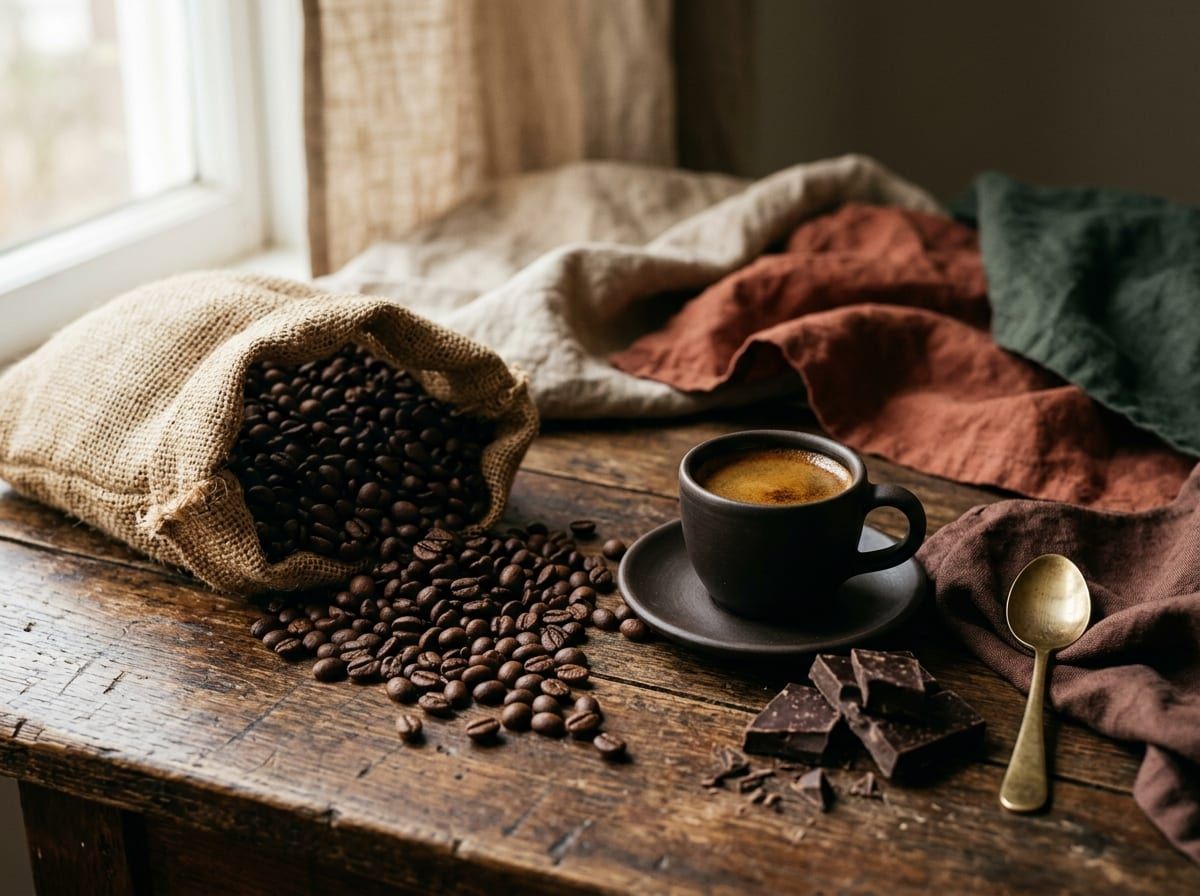 Drobne, ciemno palone ziarna wysypujące się z jutowego worka obok filiżanki espresso z gęstą cremą i gorzkiej czekolady