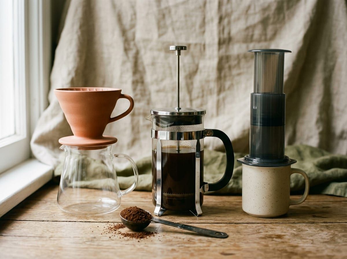 Trzy metody parzenia kawy obok siebie: terakotowy dripper na serwerze, szklany french press i AeroPress na kubku