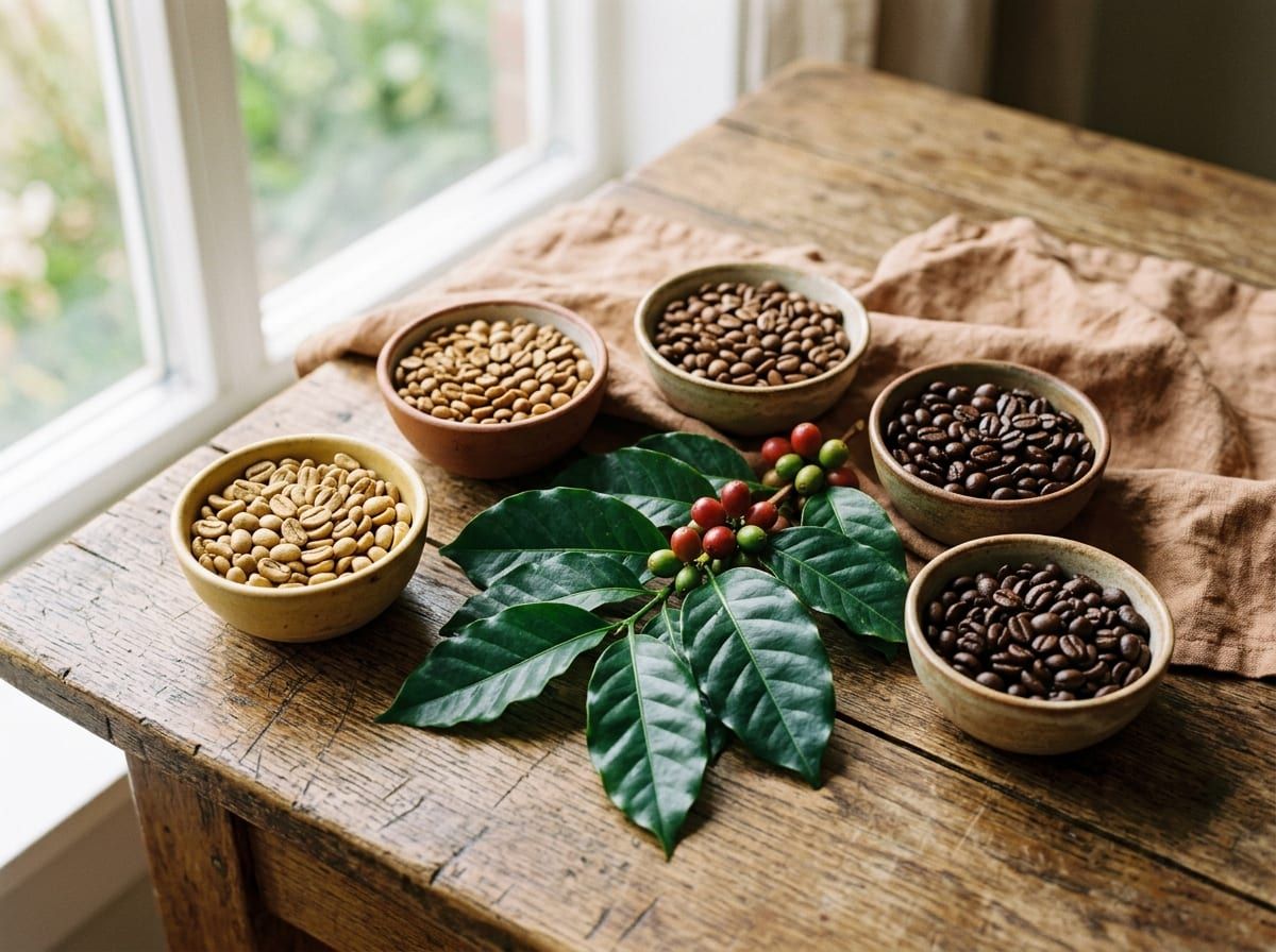 Ceramic bowls with coffee beans in different roast shades, with a coffee branch bearing red cherries in the center