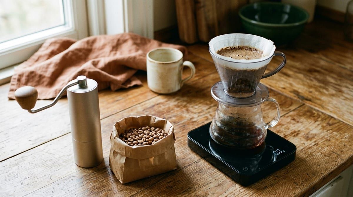 Zestaw startowy do kawy speciality: ręczny młynek żarnowy, waga, dripper z filtrem i paczka kawy na drewnianym blacie