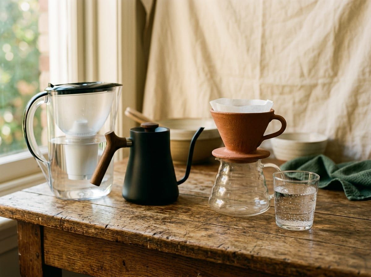A glass water filter jug and a gooseneck kettle beside a glass of clean water and a dripper with a filter