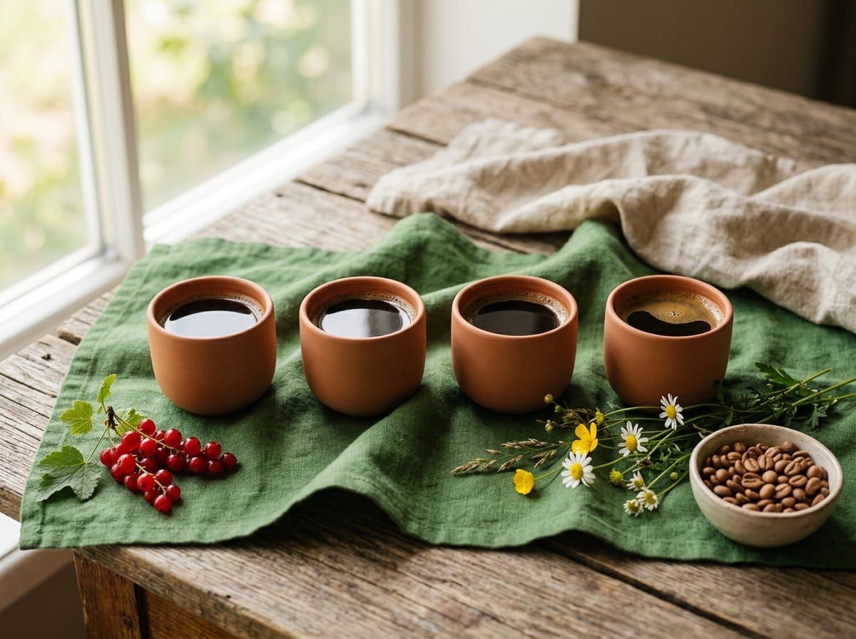 Rząd czterech ceramicznych czarek czarnej kawy na zielonej pofałdowanej tkaninie przypominającej wzgórza, obok grona czerwonej porzeczki, polne kwiaty i miseczka palonych ziaren