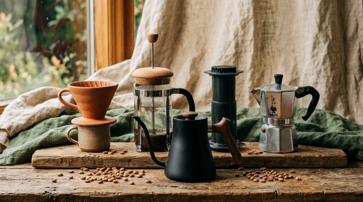 Akcesoria do parzenia kawy na drewnianym blacie: terakotowy dripper, french press, AeroPress i kawiarka moka, obok czajnik z gęsią szyją