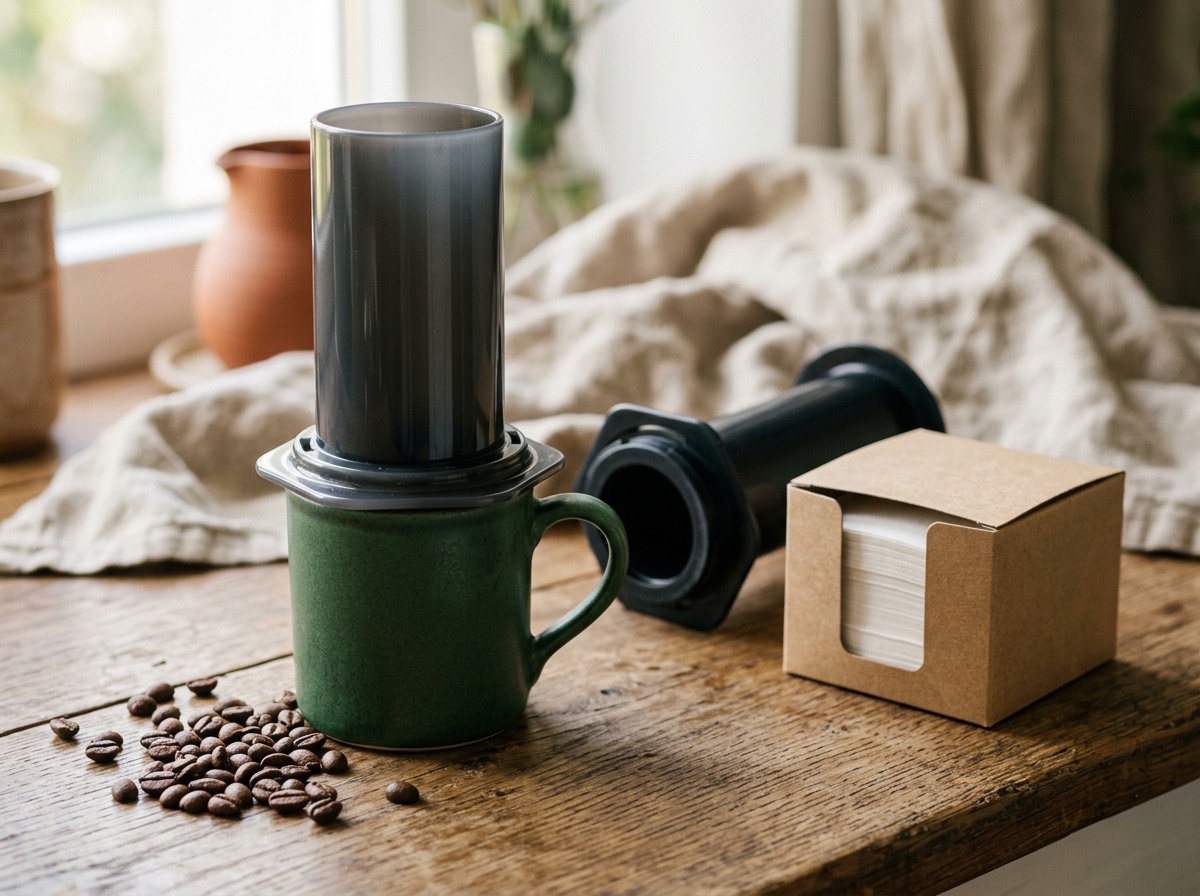 AeroPress ustawiony na zielonym ceramicznym kubku, obok tłok, papierowe filtry i rozsypane ziarna kawy