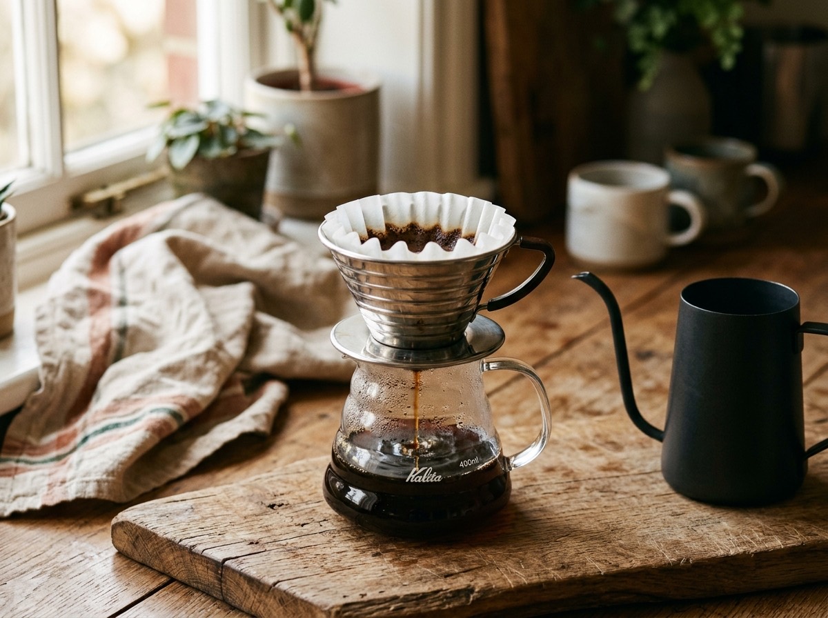 Stalowy dripper Kalita Wave z falowanym filtrem na szklanym serwerze z kawą, obok czajnik z gęsią szyją
