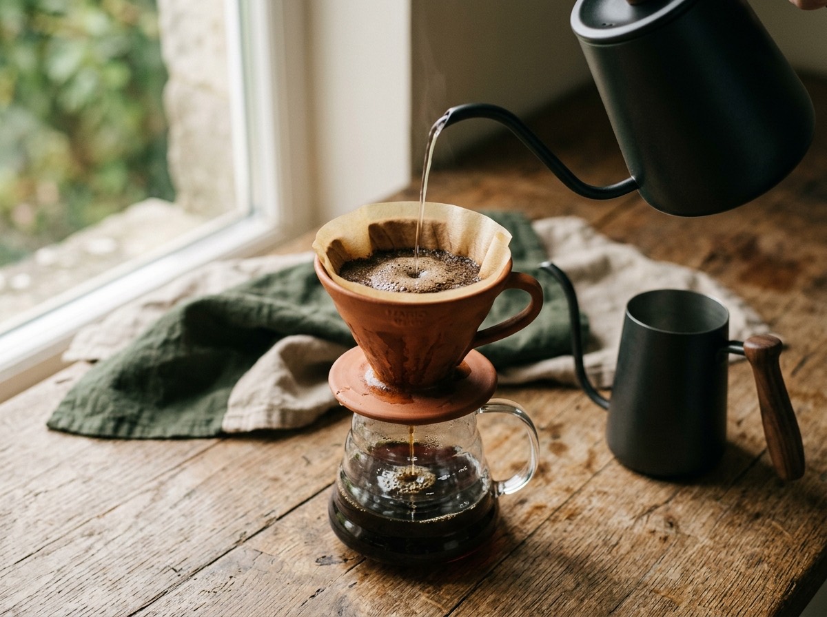 Terakotowy dripper V60 z papierowym filtrem w trakcie przelewu, ustawiony na szklanym serwerze, obok czajnik z gęsią szyją