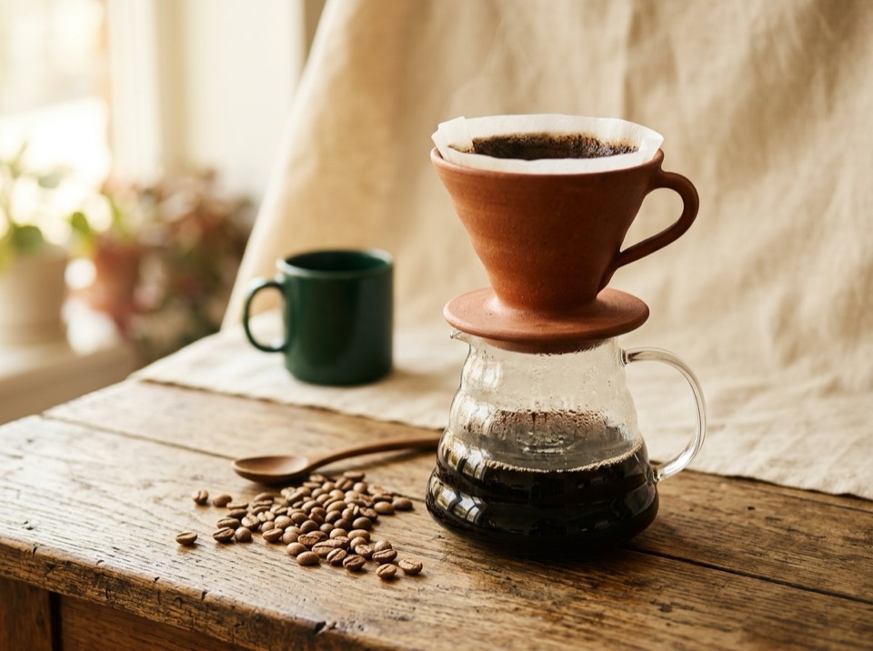 Terakotowy dripper V60 z zaparzaną kawą na drewnianym stole, obok zielony kubek i rozsypane jasno palone ziarna